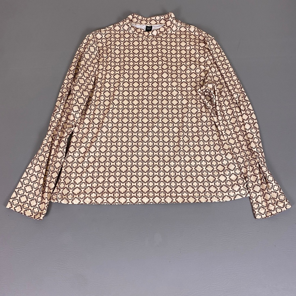 Shein Curve Tunic Top Women's 1XL Beige Brown‎ Geometric Mock Neck Long Sleeve